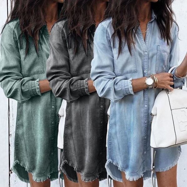 The Best Women Long Sleeve Loose Denim Shirts Turn-down Collar Shirt Dresses Online - Source Silk