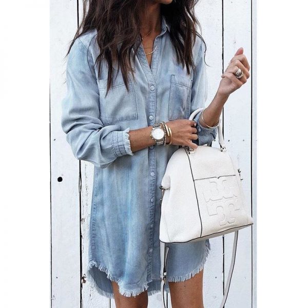 The Best Women Long Sleeve Loose Denim Shirts Turn-down Collar Shirt Dresses Online - Source Silk