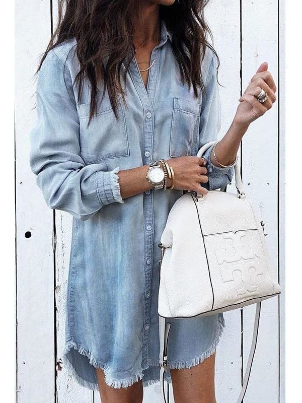 The Best Women Long Sleeve Loose Denim Shirts Turn-down Collar Shirt Dresses Online - Source Silk