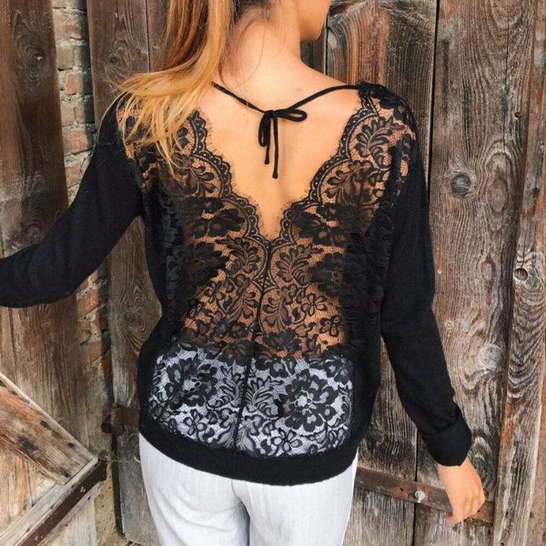 The Best Women Long Sleeve Loose Lace Floral Tee shirt New Casual O neck Perspective See through Shirt Tops T-Shirt Online - Takalr