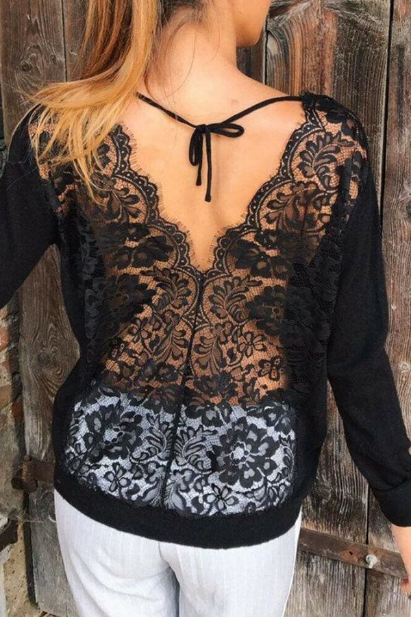 The Best Women Long Sleeve Loose Lace Floral Tee shirt New Casual O neck Perspective See through Shirt Tops T-Shirt Online - Takalr