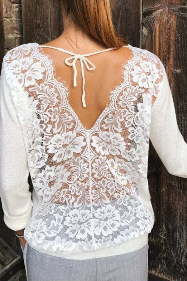 The Best Women Long Sleeve Loose Lace Floral Tee shirt New Casual O neck Perspective See through Shirt Tops T-Shirt Online - Takalr