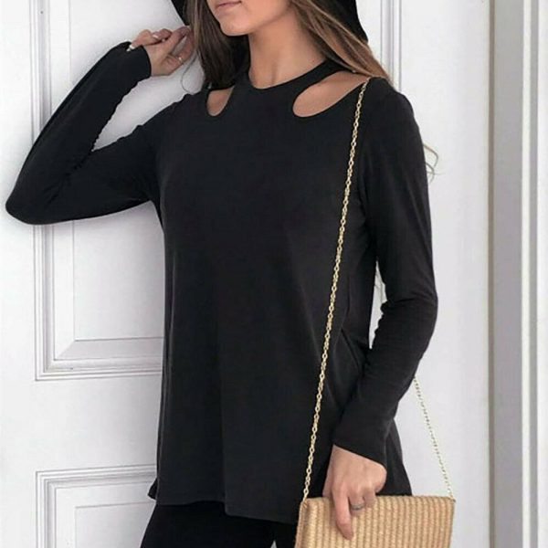 The Best Women Long Sleeve Shirt Tops Ladies Crew Neck Solid Casual Hollow Out Blouse Online - Takalr