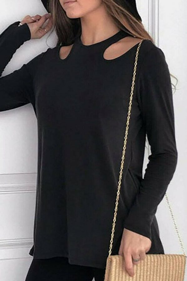 The Best Women Long Sleeve Shirt Tops Ladies Crew Neck Solid Casual Hollow Out Blouse Online - Takalr