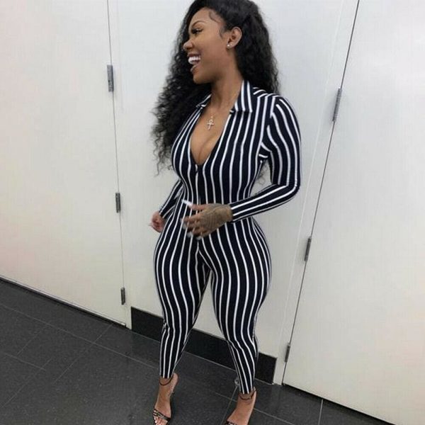 The Best Women Long Sleeve Striped Jumpsuit Romper Ladies Slim Fit Casual Clubwear Wide Leg Long Pants Outfits Online - Takalr