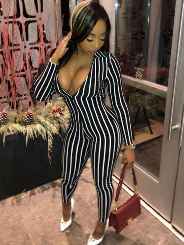 The Best Women Long Sleeve Striped Jumpsuit Romper Ladies Slim Fit Casual Clubwear Wide Leg Long Pants Outfits Online - Takalr