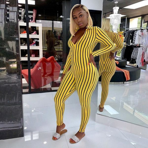 The Best Women Long Sleeve Striped Jumpsuit Romper Ladies Slim Fit Casual Clubwear Wide Leg Long Pants Outfits Online - Takalr