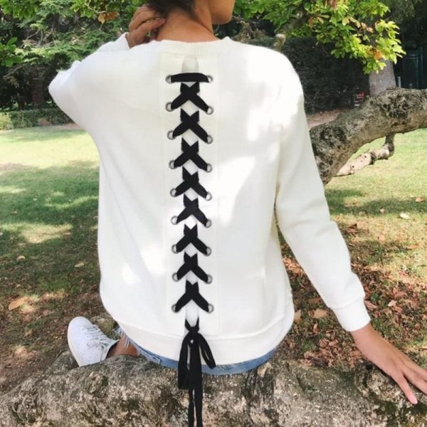 The Best Women Long-sleeve Sweatshirt Round Neck Lace Up Casual Pullover Online - Takalr