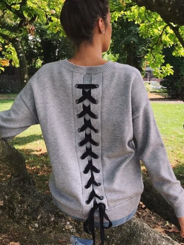 The Best Women Long-sleeve Sweatshirt Round Neck Lace Up Casual Pullover Online - Takalr