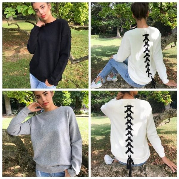 The Best Women Long-sleeve Sweatshirt Round Neck Lace Up Casual Pullover Online - Takalr