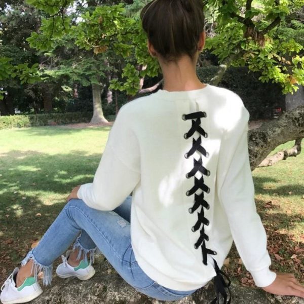 The Best Women Long-sleeve Sweatshirt Round Neck Lace Up Casual Pullover Online - Takalr