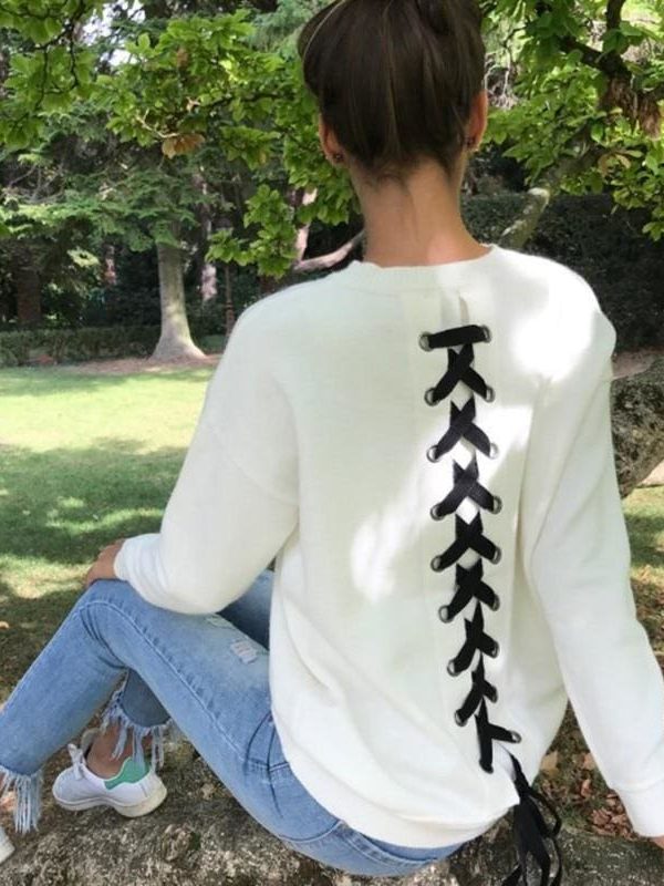 The Best Women Long-sleeve Sweatshirt Round Neck Lace Up Casual Pullover Online - Takalr