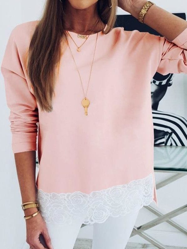 The Best Women Long Sleeve T shirt Loose Lace Top Ladies Tee shirt Femme Fashion Cute Sweet Shirt Casual Streetwear Online - Takalr