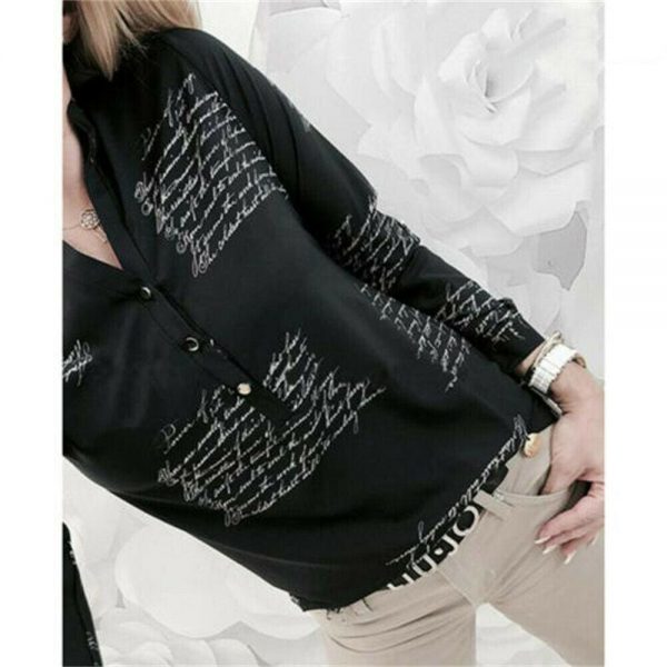 The Best Women Long Sleeve V-neck Button Letter Print Shirt New Fashion OL Ladies Casual Long Sleeve Shirt 2 Colors Online - Takalr