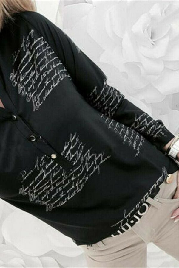 The Best Women Long Sleeve V-neck Button Letter Print Shirt New Fashion OL Ladies Casual Long Sleeve Shirt 2 Colors Online - Takalr