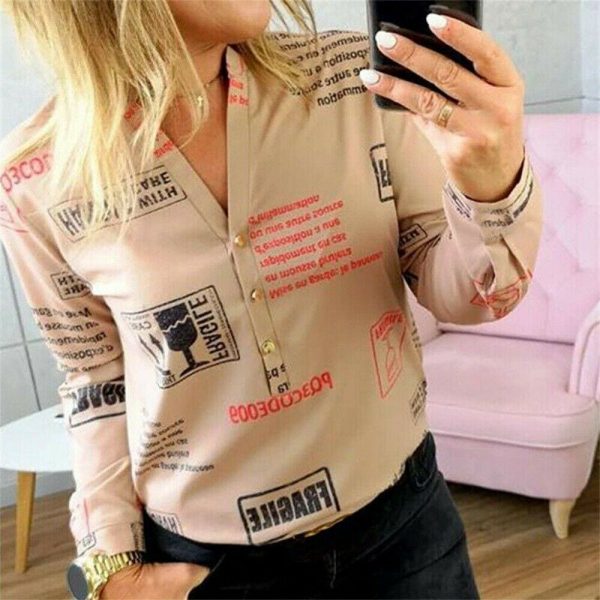 The Best Women Long Sleeve V-neck Button Letter Print Shirt New Fashion OL Ladies Casual Long Sleeve Shirt 2 Colors Online - Takalr