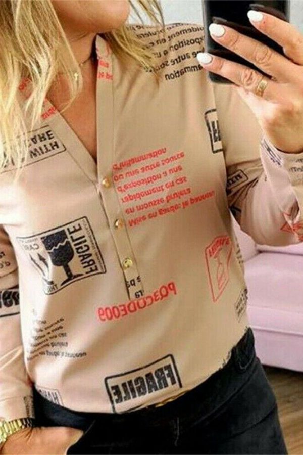 The Best Women Long Sleeve V-neck Button Letter Print Shirt New Fashion OL Ladies Casual Long Sleeve Shirt 2 Colors Online - Takalr