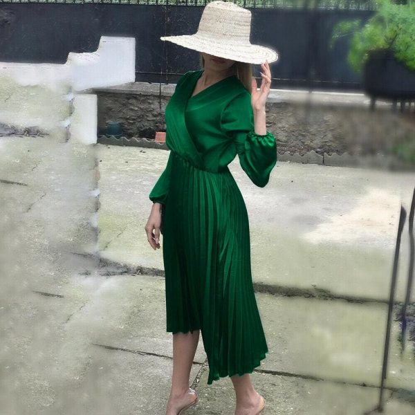 The Best Women Long Sleeve Wrap Boho V-neck Pleated Maxi Dress Office Ladies Summer Sundress Holiday Daily Workout Clothes Online - Takalr