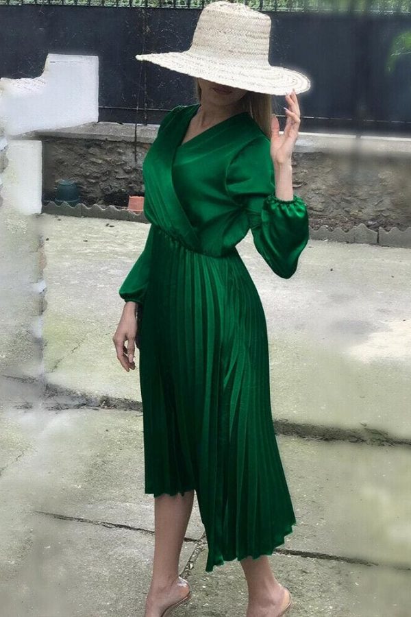 The Best Women Long Sleeve Wrap Boho V-neck Pleated Maxi Dress Office Ladies Summer Sundress Holiday Daily Workout Clothes Online - Takalr