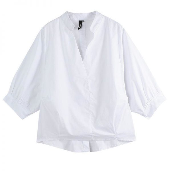 The Best Women Loose Blouse Cotton Back Button Solid V-Neck Casual Shirt Online - Source Silk