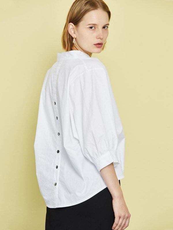 The Best Women Loose Blouse Cotton Back Button Solid V-Neck Casual Shirt Online - Source Silk