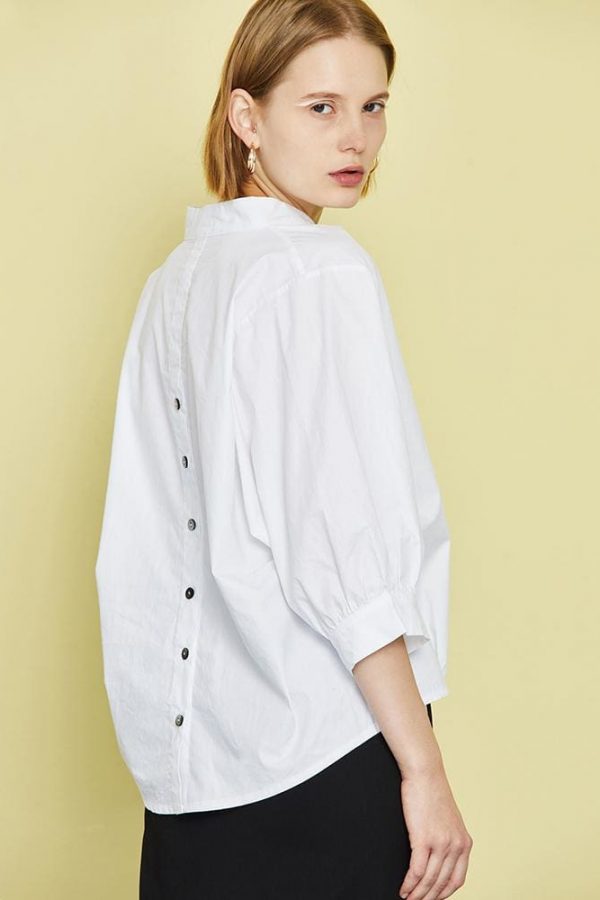 The Best Women Loose Blouse Cotton Back Button Solid V-Neck Casual Shirt Online - Source Silk