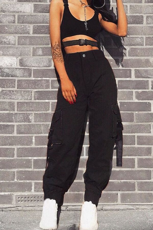 The Best Women Loose Causal Trousers Costume High Waist Chain Combat Cargo High Waist Harem Hip Hop Outdoor Military Pocket Pants Online - Takalr