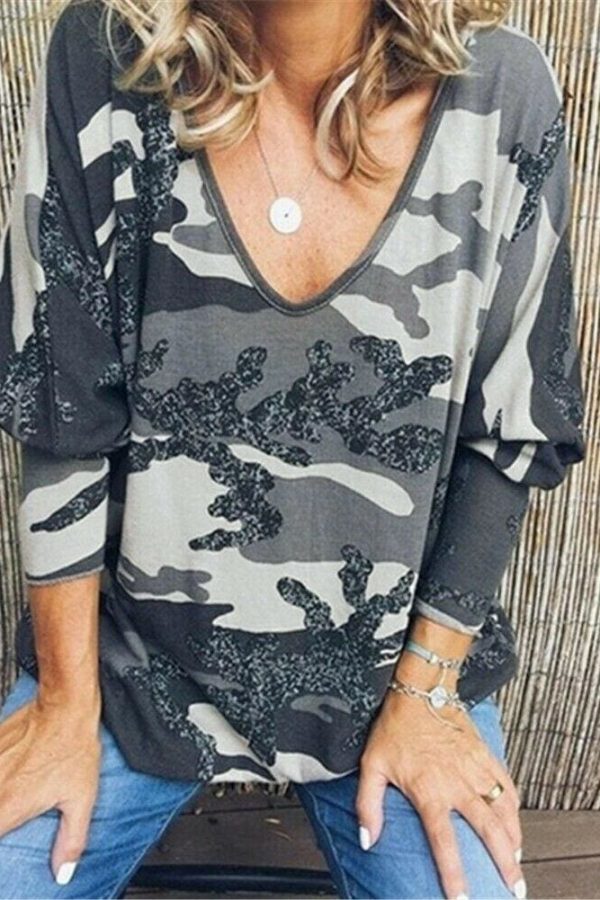 The Best Women Loose Ladies Blouse Shirt Long Sleeve Summer Tops V neck Casual Camouflage Basic Tee Blouse Streetwear Online - Takalr