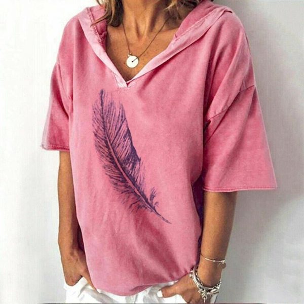 The Best Women Loose Short Sleeve Hooded Casual Tops Fashion Summer T-shirts Print Solid Holiday Stylish Daily Tee Shirts Online - Takalr