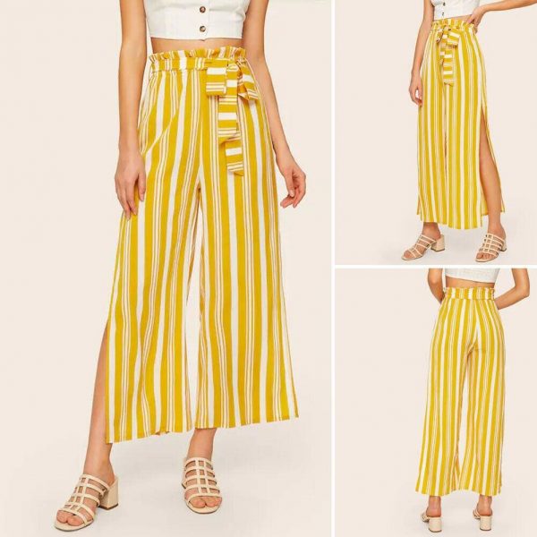 The Best Women Loose Stripe Slit Boho Beach Harem Wide Leg Casual Pants Ladies Fashion High Waist Palazzo Trousers Online - Takalr