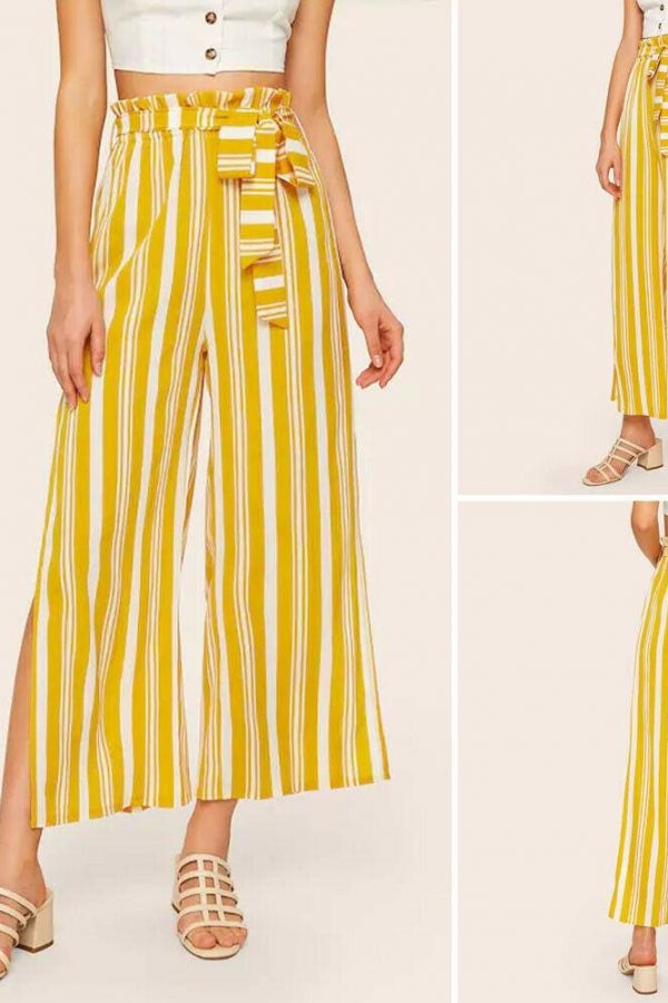 The Best Women Loose Stripe Slit Boho Beach Harem Wide Leg Casual Pants Ladies Fashion High Waist Palazzo Trousers Online - Takalr