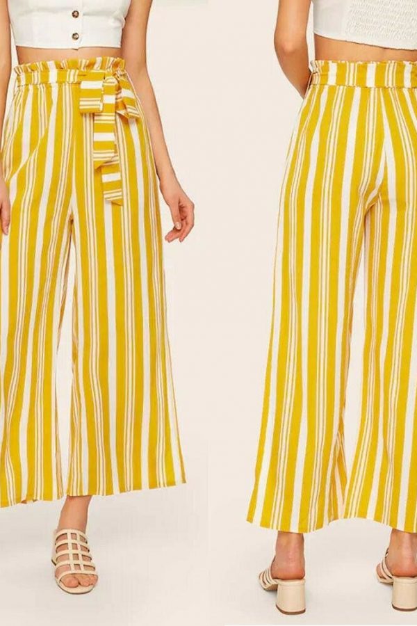 The Best Women Loose Stripe Slit Boho Beach Harem Wide Leg Casual Pants Ladies Fashion High Waist Palazzo Trousers Online - Takalr