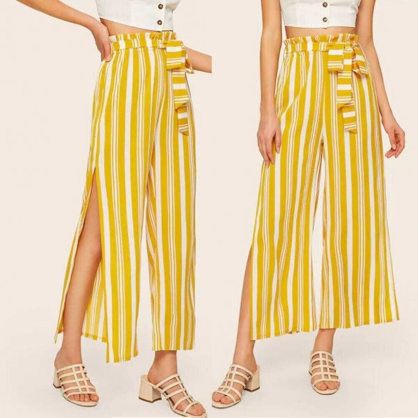 The Best Women Loose Stripe Slit Boho Beach Harem Wide Leg Casual Pants Ladies Fashion High Waist Palazzo Trousers Online - Takalr