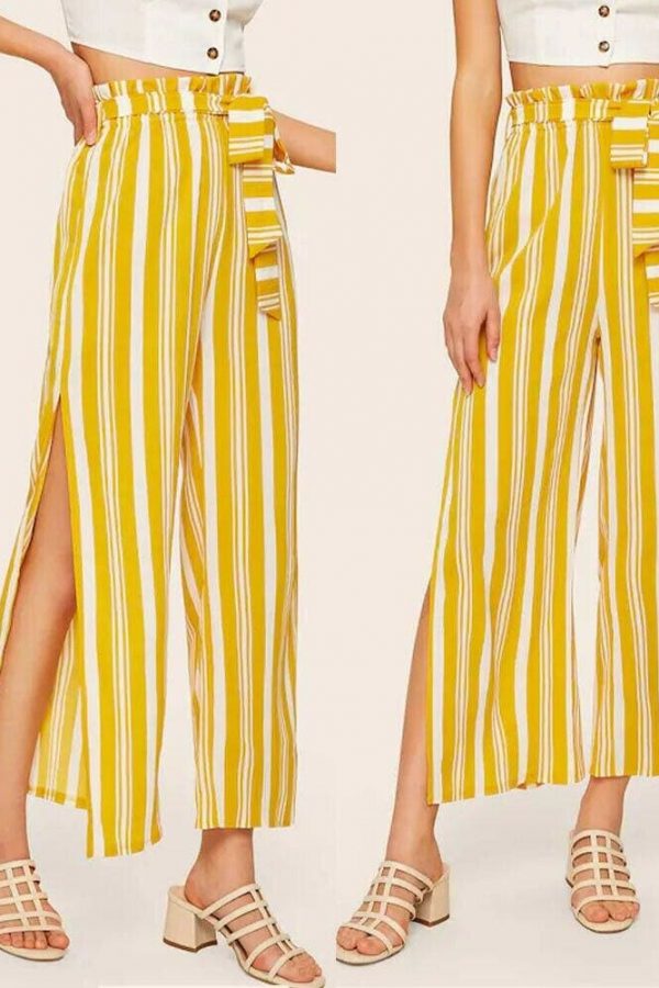 The Best Women Loose Stripe Slit Boho Beach Harem Wide Leg Casual Pants Ladies Fashion High Waist Palazzo Trousers Online - Takalr