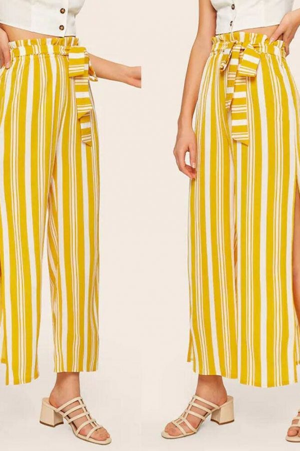 The Best Women Loose Stripe Slit Boho Beach Harem Wide Leg Casual Pants Ladies Fashion High Waist Palazzo Trousers Online - Takalr