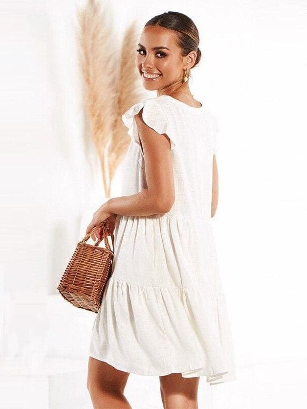 The Best Women Loose Summer Dress Short Sleeve V Neck Mini Casual vintage dress Online - Source Silk