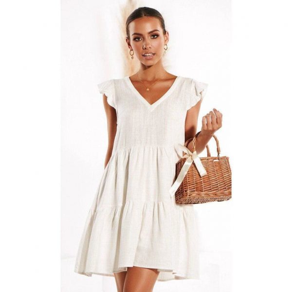 The Best Women Loose Summer Dress Short Sleeve V Neck Mini Casual vintage dress Online - Source Silk