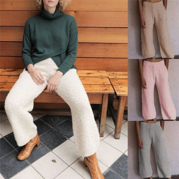 The Best Women Loose Wide-legged Casual Home Fleece Pants Trousers Warm Nightwear Winter Bottoms Flannel Sleepwear Pants Online - Takalr