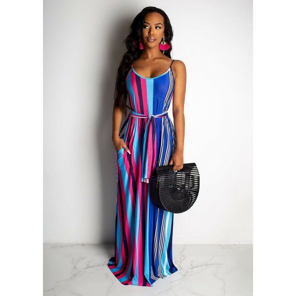 The Best Women Maxi Boho Dress Striped Summer Casual Beach Evening Party Long Sundress Fashion Ladies Sleeveless Dresses Online - Takalr