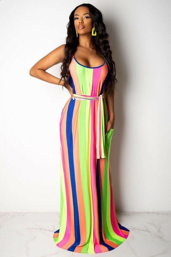 The Best Women Maxi Boho Dress Striped Summer Casual Beach Evening Party Long Sundress Fashion Ladies Sleeveless Dresses Online - Takalr