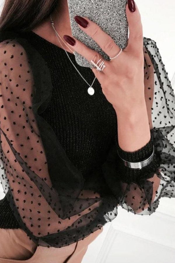 The Best Women Mesh Long Sleeve Knitwear See-through Puff Sleeve Autumn Winter Lady Casual Knitted Tops Jumper Blouse Shirt Online - Takalr