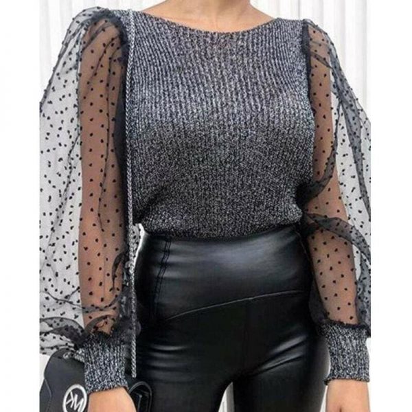 The Best Women Mesh Long Sleeve Knitwear See-through Puff Sleeve Autumn Winter Lady Casual Knitted Tops Jumper Blouse Shirt Online - Takalr