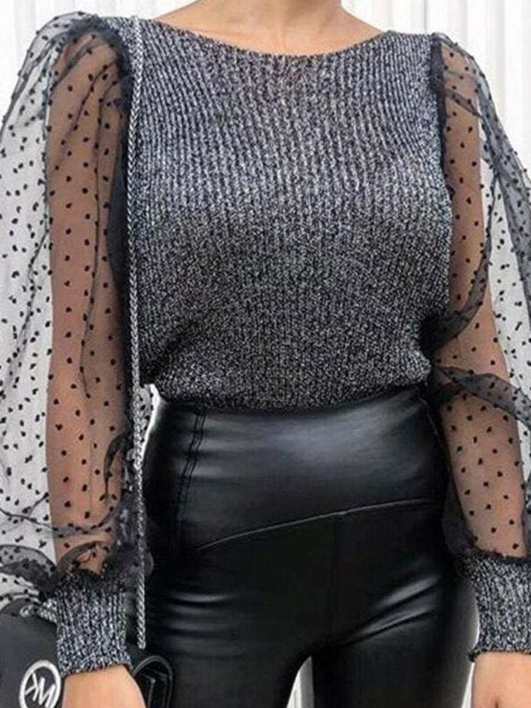 The Best Women Mesh Long Sleeve Knitwear See-through Puff Sleeve Autumn Winter Lady Casual Knitted Tops Jumper Blouse Shirt Online - Takalr