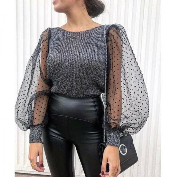 The Best Women Mesh Long Sleeve Knitwear See-through Puff Sleeve Autumn Winter Lady Casual Knitted Tops Jumper Blouse Shirt Online - Takalr