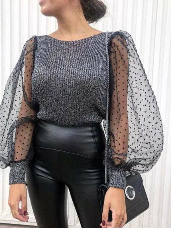 The Best Women Mesh Long Sleeve Knitwear See-through Puff Sleeve Autumn Winter Lady Casual Knitted Tops Jumper Blouse Shirt Online - Takalr