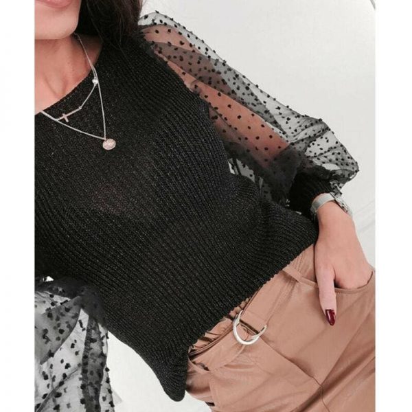 The Best Women Mesh Long Sleeve Knitwear See-through Puff Sleeve Autumn Winter Lady Casual Knitted Tops Jumper Blouse Shirt Online - Takalr