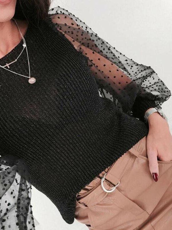 The Best Women Mesh Long Sleeve Knitwear See-through Puff Sleeve Autumn Winter Lady Casual Knitted Tops Jumper Blouse Shirt Online - Takalr