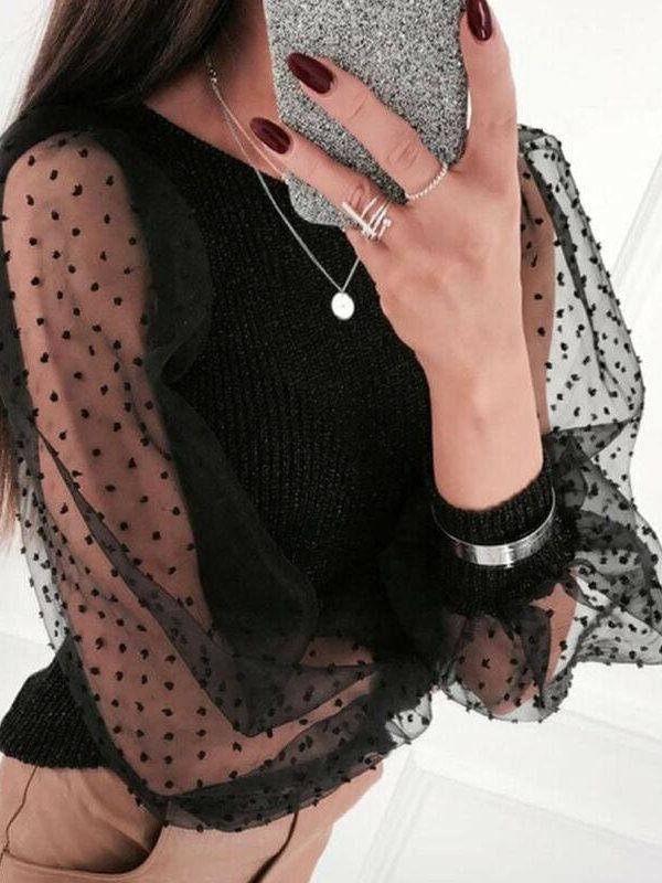 The Best Women Mesh Long Sleeve Knitwear See-through Puff Sleeve Autumn Winter Lady Casual Knitted Tops Jumper Blouse Shirt Online - Takalr