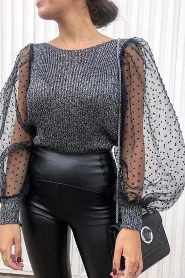 The Best Women Mesh Long Sleeve Knitwear See-through Puff Sleeve Autumn Winter Lady Casual Knitted Tops Jumper Blouse Shirt Online - Takalr