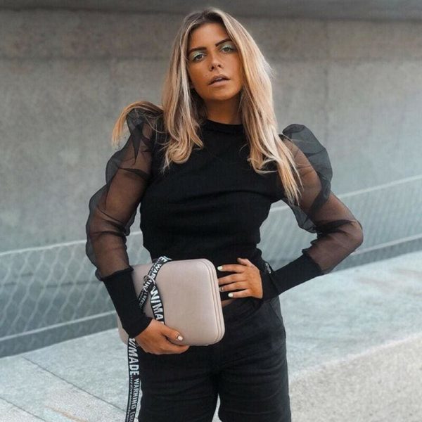 The Best Women Mesh Net Blouse Sheer Puff Long Sleeve Black Pullover Tops Online - Takalr